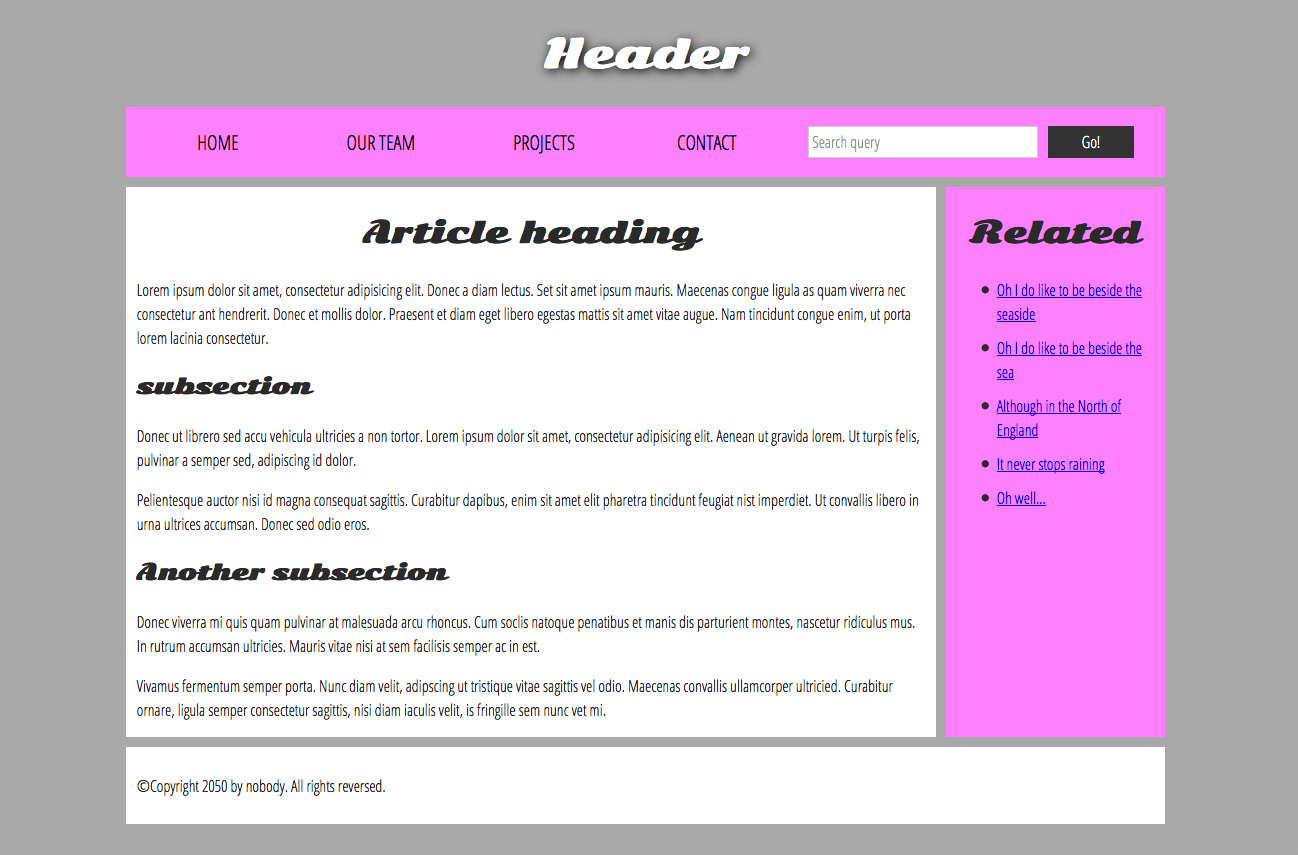 un exemple simple de structure de site Web comportant un titre principal, un menu de navigation, un contenu principal, une barre latérale et un pied de page.